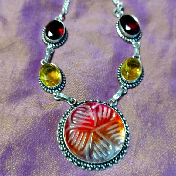 Bi-tourmeline citrine garnet silver necklace carved handmade red yellow white - Picture 4 of 5